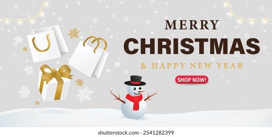 Christmas sale 3d background up to 50% offer with gift box, shopping bags and snowflakes. white and gold seasonal sale vector banner design	
