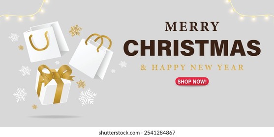 Christmas sale 3d background up to 50% offer with gift box, shopping bags and snowflakes. white and gold seasonal sale vector banner design	
with warm light