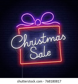 Christmas Sale. 3d neon sign. Realistic neon sign. Merry Christmas and Happy New Year banner, logo, emblem and label. Bright signboard, light banner. 