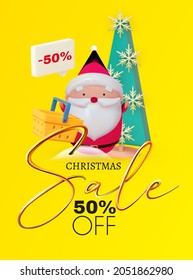 Christmas Sale. 3D render design for season offer. Canta Claus character.
