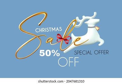 Christmas Sale. 3d season offer banner with cute golden text, bow and deer jump