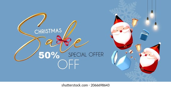 Christmas Sale. 3D season offer banner with cute Santa Claus, golden text, bow, gift boxes, deer and light bulbs.