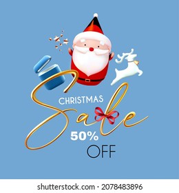 Christmas Sale. 3D season offer banner with cute Santa Claus, golden text, bow, gift boxes, deer and light garlands