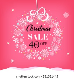 Christmas sale 40% off sign text over beautiful snowflake winter wreath vector illustration.