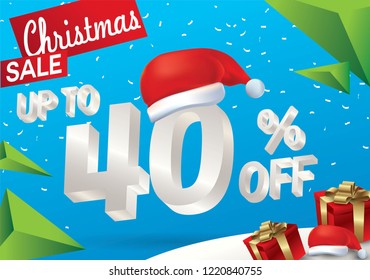 Christmas sale 40 percent. Winter sale background with 3d ice text with hat santa claus banner and snow. New year sale. Vector illustration