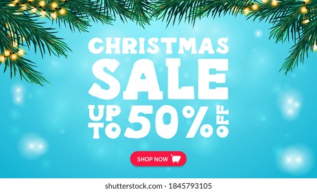 Christmas sale, up to 50% off, blue discount banner with frame of Christmas tree branches decorated with garland, button and large white offer