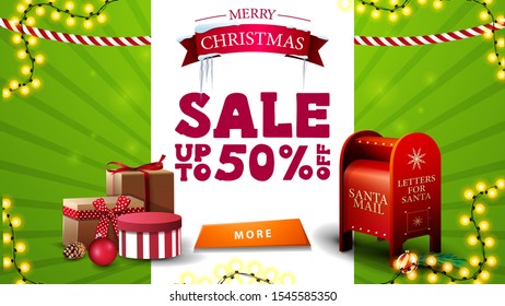 Christmas sale, up to 50% off, green and white discount banner with greeting symbol, garlands, button, Santa letterbox and presents