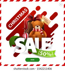 Christmas sale, up to 50% off, red and green discount pop up with abstract liquid shapes large volumetric letters, ribbon, button and present with Teddy bear