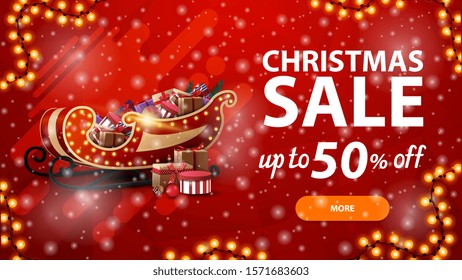 Christmas sale, up to 50% off, red discount banner with garland, snowfall and Santa Sleigh with presents