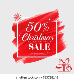 Christmas sale 50% off sign over art brush painted watercolor background vector illustration. Perfect design for shop labels or banners.