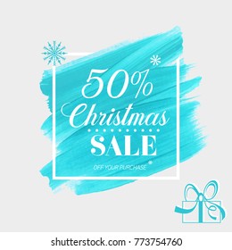Christmas sale 50% off sign over art brush painted watercolor background vector illustration. Perfect design for shop labels or banners.