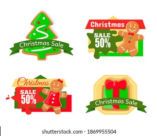 Christmas sale 50 percent off price reduction isolated icons set vector. Gingerbread man cookie, present with bows, ribbons and pine tree biscuits