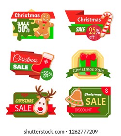 Christmas sale 50 percent reduction isolated icons vector. Socks with reindeer print, pine tree cookie, candy lollipop, deer and bell with presents