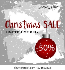 Christmas Sale 50 percent. Special offer. Grunge Background with snow and red ball. Hand drawn vector illustration.
