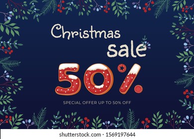 Christmas Sale -50% vector banner with gingerbread cookies and floral ornament on dark blue background. Red gingerbread cookies with snow. Happy new year symbol.Text background. Holiday shopping.