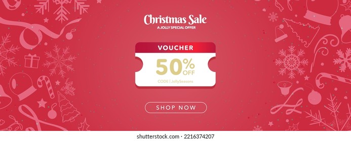 Christmas Sale 50% Voucher with Code copy space template on Red Gradient Background with soft white christmas decoration designs. Editable Christmas coupon banner. Vector Illustration. EPS 10.