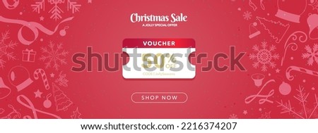 Christmas Sale 50% Voucher with Code copy space template on Red Gradient Background with soft white christmas decoration designs. Editable Christmas coupon banner. Vector Illustration. EPS 10.