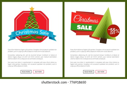 Christmas sale 55 % off card vector illustrations with Christmas trees, advertising text, push-buttons isolated on white backgrounds with grey frames