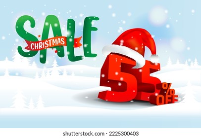 Christmas sale 55% off promo. Xmas or Christmas discount concept with Santa hat. 55% offer banner.