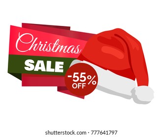 Christmas sale 55 % off promo label Santa Claus hat, inscription on color ribbons advertisement badge with red winter headwear icon isolated on white