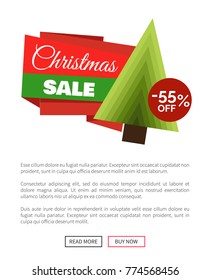Christmas sale 55 percent off vector illustration with abstract New Year tree, ad text isolated on white background, push-buttons with colorful frames