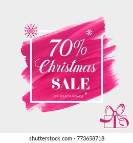 Christmas sale 70% off sign over art brush painted watercolor background vector illustration. Perfect design for shop labels or banners.