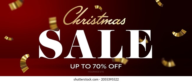 Christmas sale up to 70 percent off website header banner. Realistic three-dimensional website design with discount promotion headline, falling gold serpentine vector illustration