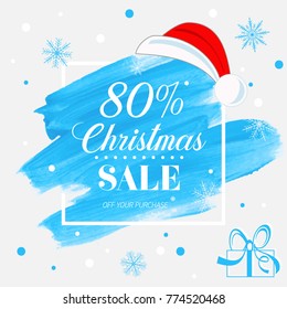 Christmas sale 80% off sign over holiday abstract brush painted background vector illustration. Perfect design for shop labels, banners or gift cards.