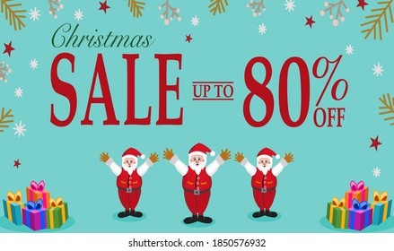 Christmas sale up to 80% off words on green background with Santa Claus and gift box,vecter illustration.