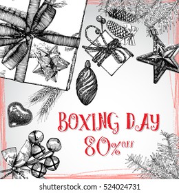 Christmas Sale 80 percent off advertising holiday banner decorated with fir branches and red writing, winter sale, New Year design illustration, vector.