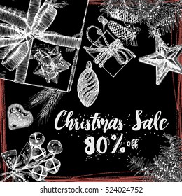 Christmas Sale 80 percent off advertising holiday banner decorated with fir branches and writing, winter sale, New Year design illustration, vector.