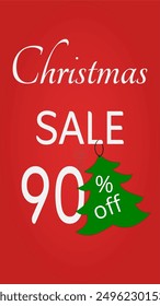 
Christmas sale. 90% off. Social media banner with ninety percent discount. Red with white letters and tree design