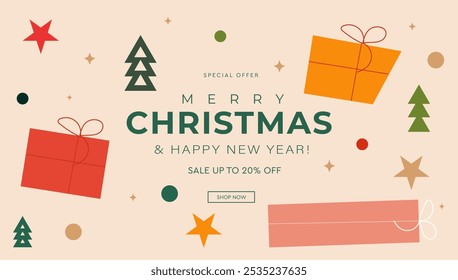 Christmas Sale. Abstract Background Design for Merry Christmas and Happy New Year. Patterns for Advertising, Web, Social Media, Posters, Banners, Covers. Sale Offer 20%. Vector Illustration.