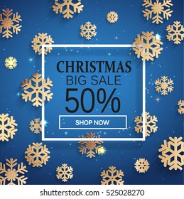 Christmas sale. Christmas abstract background with gold snowflakes. Vector illustration banner.
