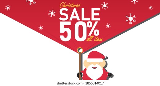Christmas sale abstract background with Santa Claus and text "50% off all item", Vector Banner for shop.