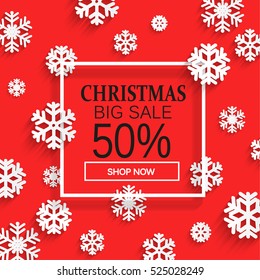 Christmas sale. Christmas abstract red background with snowflakes. Vector illustration banner.