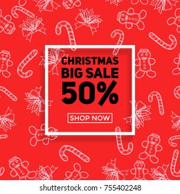 Christmas sale. Christmas abstract red background with snowflakes. Vector illustration banner. EPS10