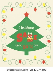 Christmas sale. Abstract Christmas tree, garland in retro style. Design for a poster with a discount in the store, on social networks.