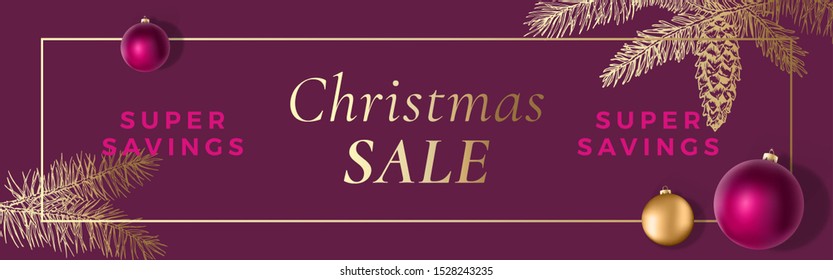 Christmas Sale Abstract Vector Frame Greeting Banner Or Holiday Card Background. Banner Size. Classy Colors With Gold Gradient And Typography. Realistic Balls And Sketch Fir-needles Strobile. Isolated