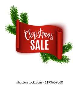 Christmas sale advertisement, realistic red ribbon and fir tree branches, vector illustration