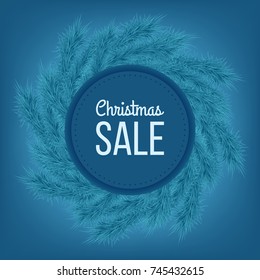 Christmas sale advertising banner decorated with fir branches on blue background, winter sale, Christmas, New Year design, vector illustration