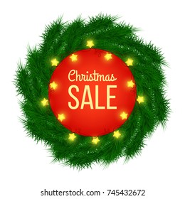 Christmas sale advertising banner decorated with fir branches and light garlands on white background, winter sale, Christmas, New Year design, vector illustration