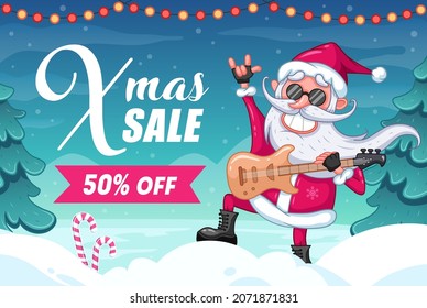 Christmas sale. Advertising banner. Xmas sale. Cool smile Santa Claus with electronic guitar and black glasses. Winter background with fir trees and snow. Cartoon vector illustration