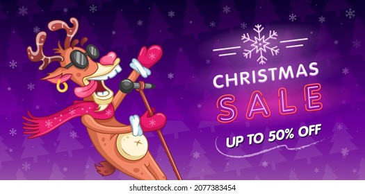 Christmas sale. Advertising banner. Xmas sale. Singing cool reindeer with microphone and glowing neon sign. Purple background with christmas trees iconsand snowflakes. Cartoon vector illustration