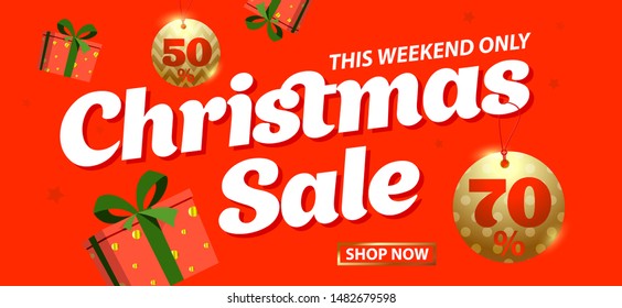 Christmas sale. Advertising poster, banner. Discounts from 50 to 70 percent. Template for website or flyer. Vector  