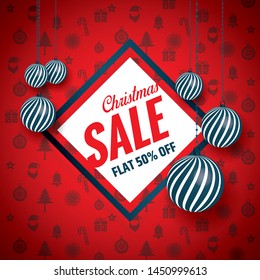 The Christmas sale. Advertising poster for the store. Discounts up to 50 percent. Red banner for website or flyer. 