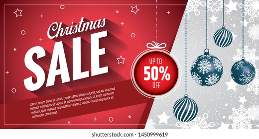 The Christmas sale. Advertising poster for the store. Discounts up to 50 percent. Red banner for website or flyer. 