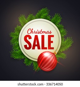 Christmas sale advertising white banner decorated with fir branches and red bauble, winter sale, Christmas, New Year design, vector illustration