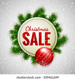 Christmas sale advertising white banner decorated with fir branches and red bauble on show background, winter sale, Christmas, New Year design, vector illustration