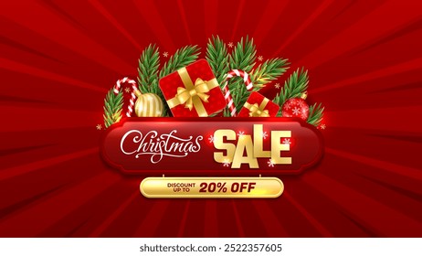 Christmas SALE background with Christmas branch, balls, snowflakes. For sale, banner, posters, cover design templates, social media wallpaper stories. 2025 xmas concept